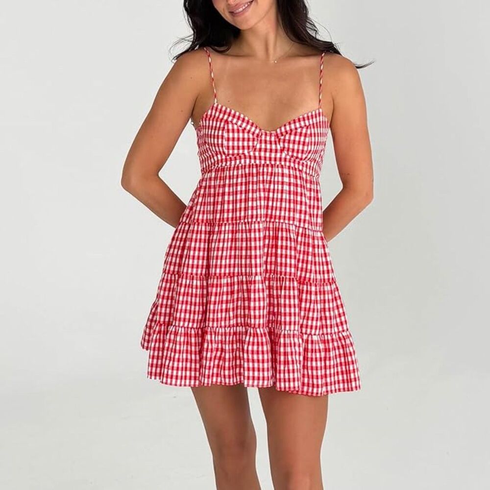 Cottage Core Red Plaid Gingham Sweetheart Mini Dress Ruffle Tiered Summer Dress